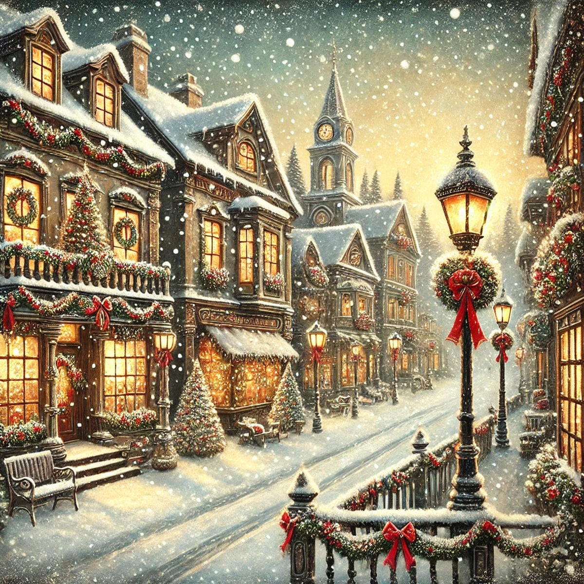 Vintage Christmas Town Art: Snow-Covered Winter Village (Digital Print)