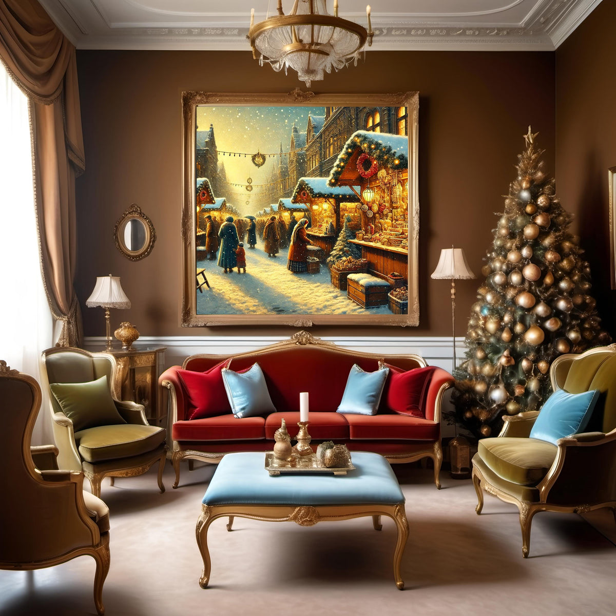 Vintage Christmas Market Scene Art: Festive Winter Village (Digital Print)