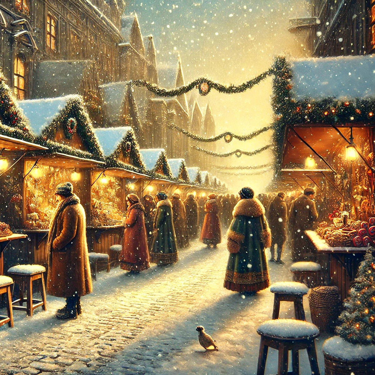 Vintage Christmas Market Scene Art: Snowy Winter Village (Digital Print)
