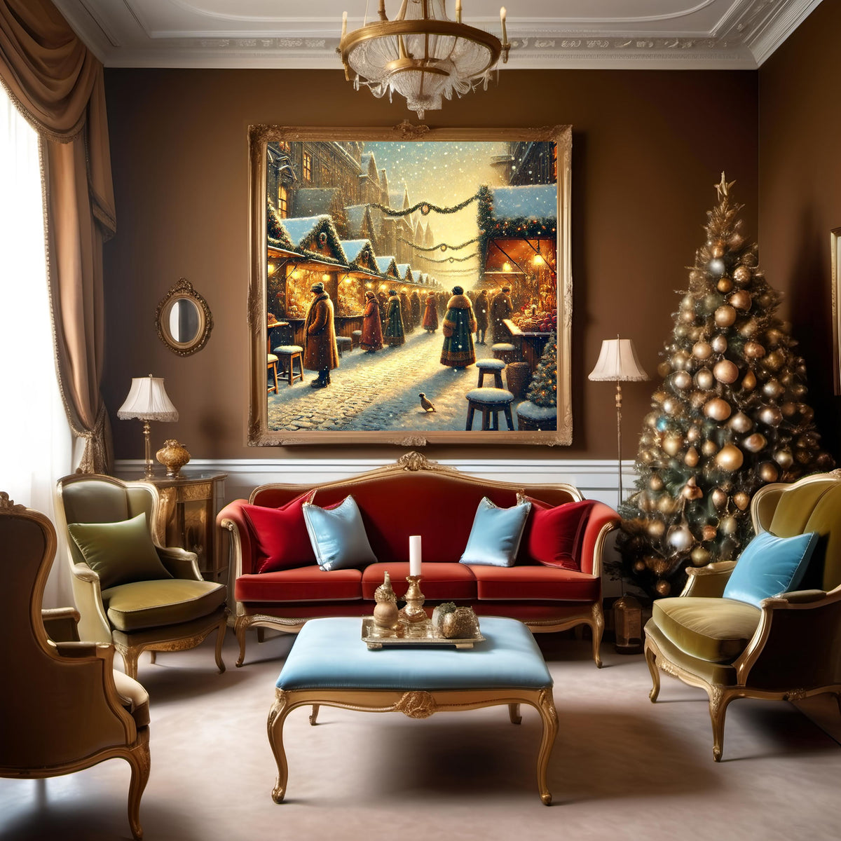 Vintage Christmas Market Scene Art: Snowy Winter Village (Digital Print)