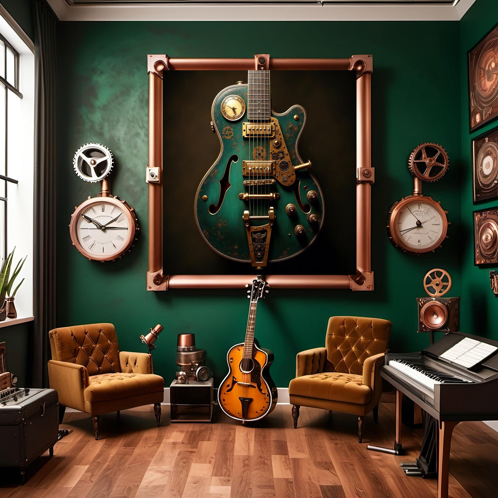 Steampunk Electric Guitar Art: Futuristic Music Room Decor (Digital Download)