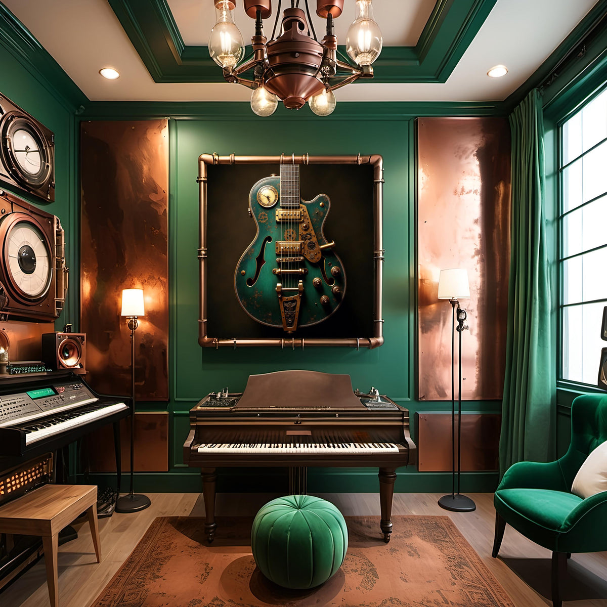 Steampunk Electric Guitar Art: Futuristic Music Room Decor (Digital Download)