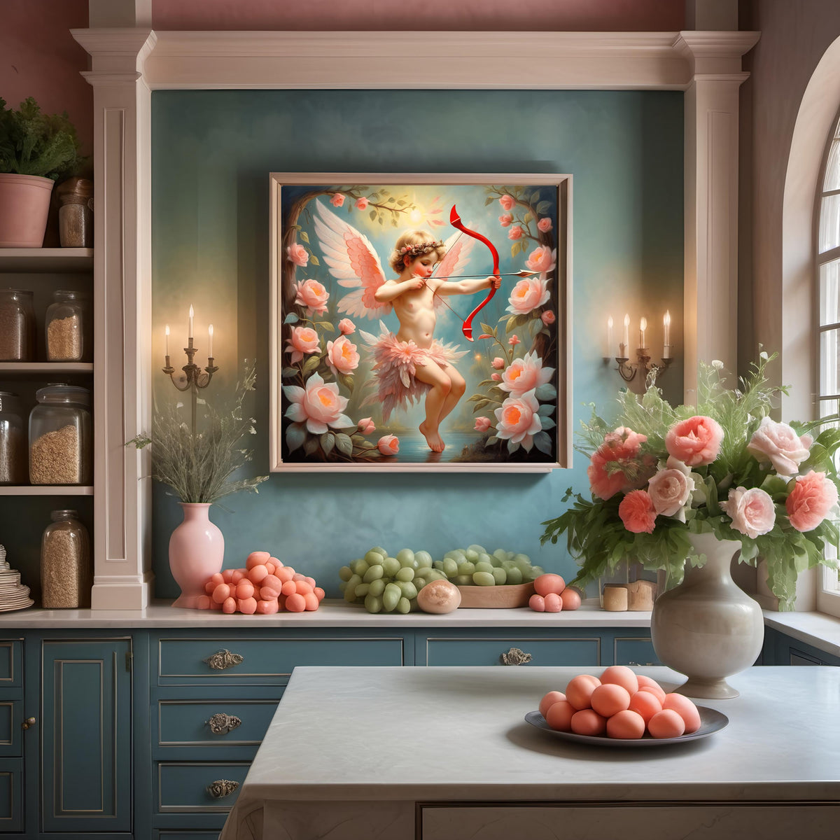 Vintage Cupid Rose Garden Art: Romantic Valentine Print (Digital Download)
