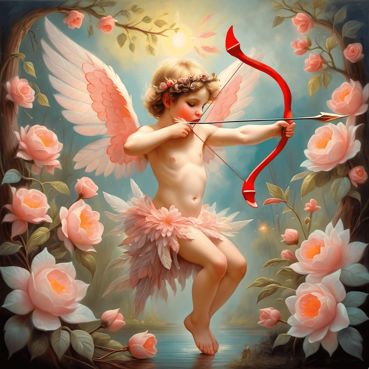 Vintage Cupid Rose Garden Art: Romantic Valentine Print (Digital Download)