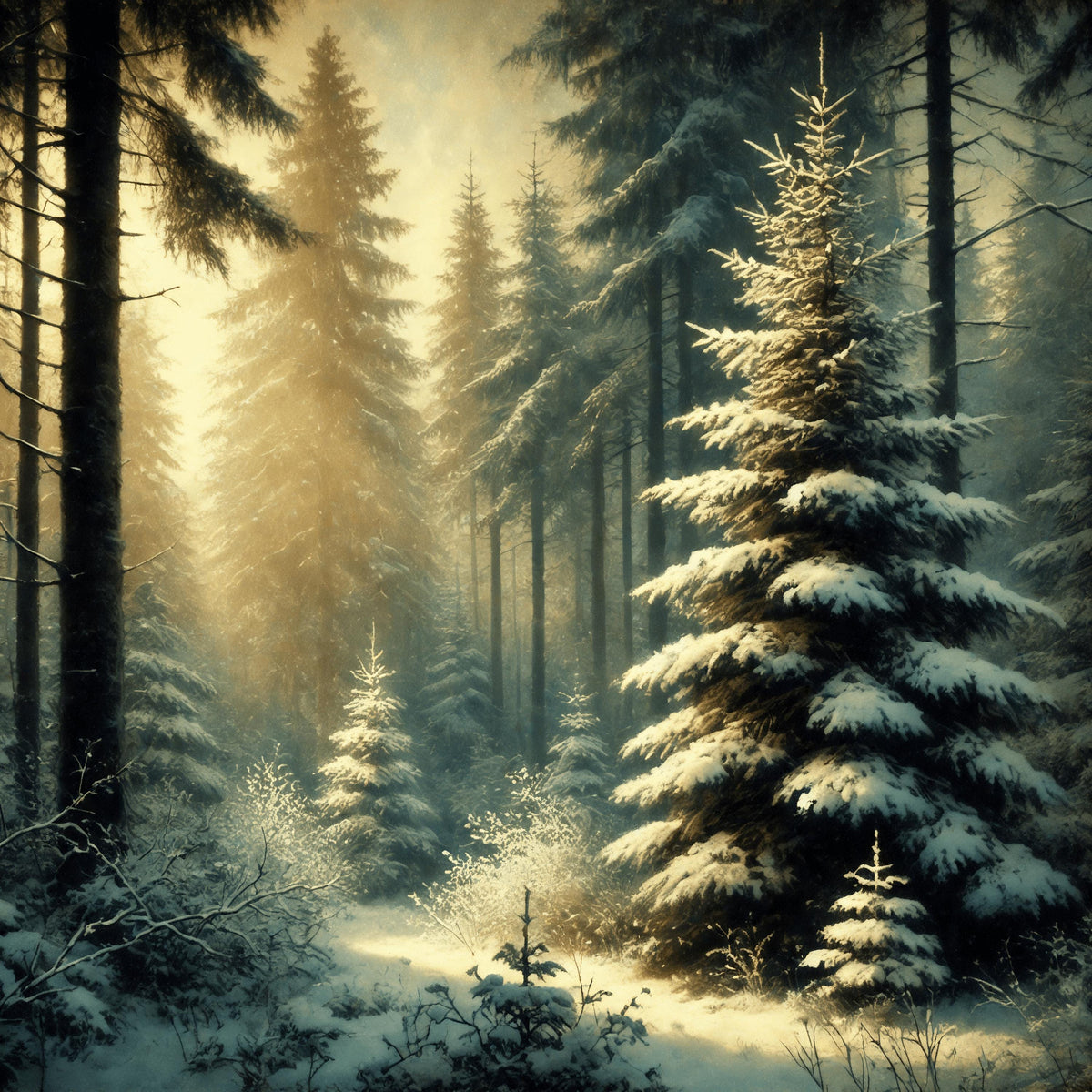 Vintage Snowy Evergreen Forest Print: Serene Winter Landscape (Digital Download)