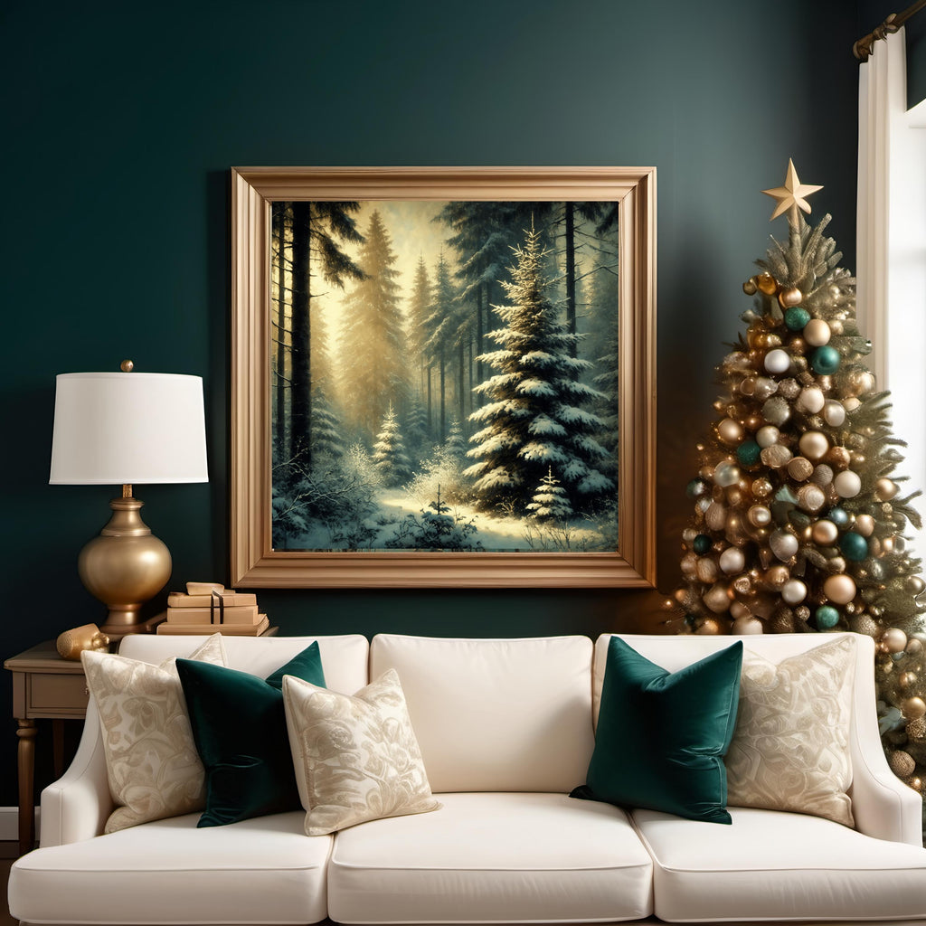 Vintage Snowy Evergreen Forest Print: Serene Winter Landscape (Digital Download)