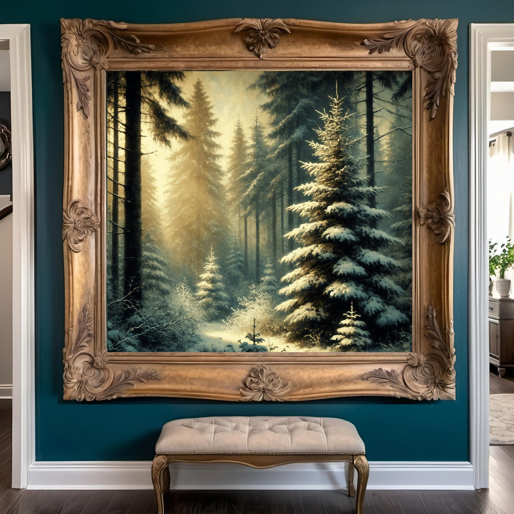 Vintage Snowy Evergreen Forest Print: Serene Winter Landscape (Digital Download)