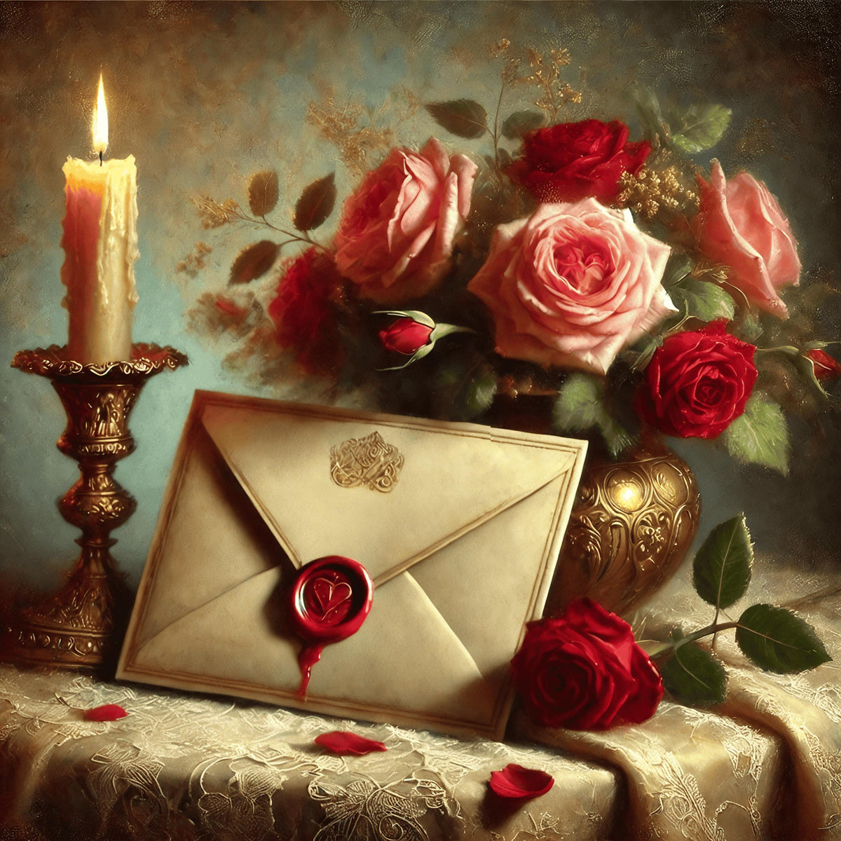 Vintage Valentine Love Letter Art Print: Roses and Candle Still Life (Digital Download)