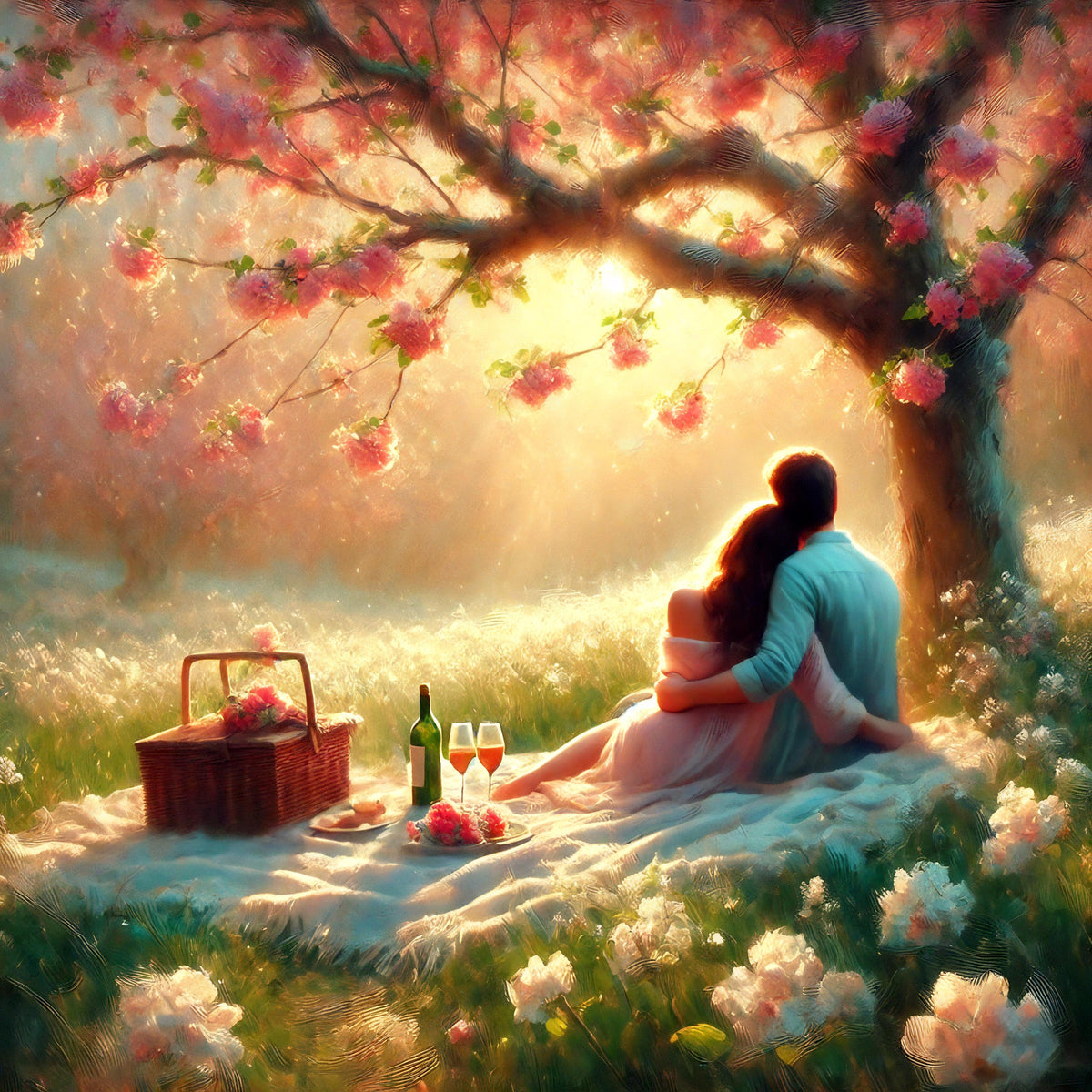 Romantic Couple Picnic Print: Impressionist Pastel Floral Art (Digital Download)