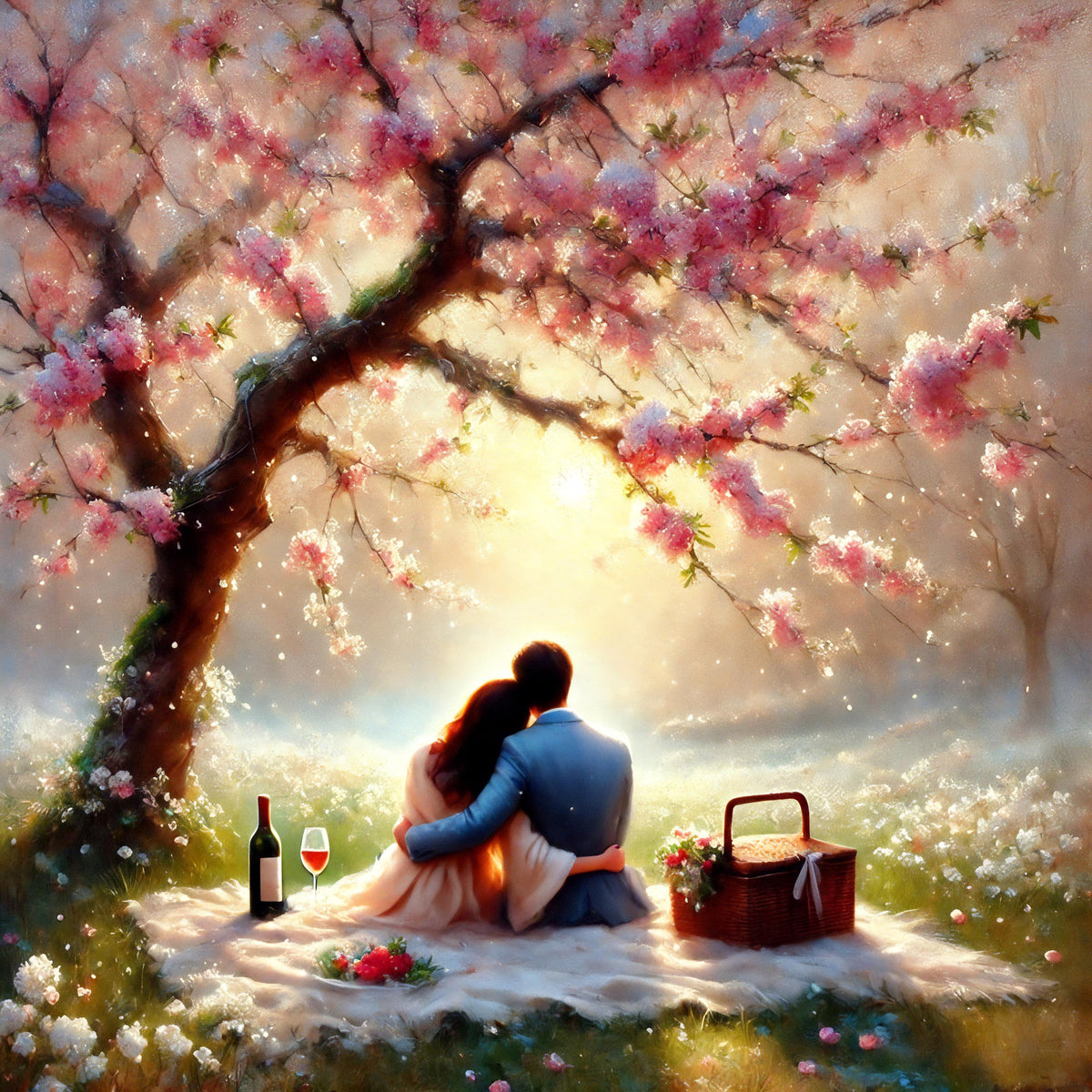 Romantic Picnic Print, Impressionist Couple Under Tree (Digital Download)
