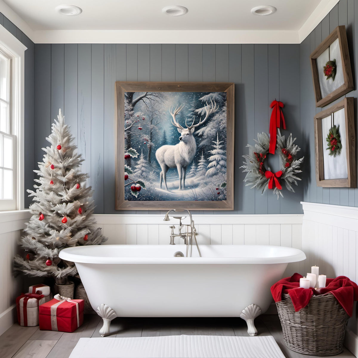 Majestic White Stag Print: Winter Forest Wildlife Art (Digital Download)