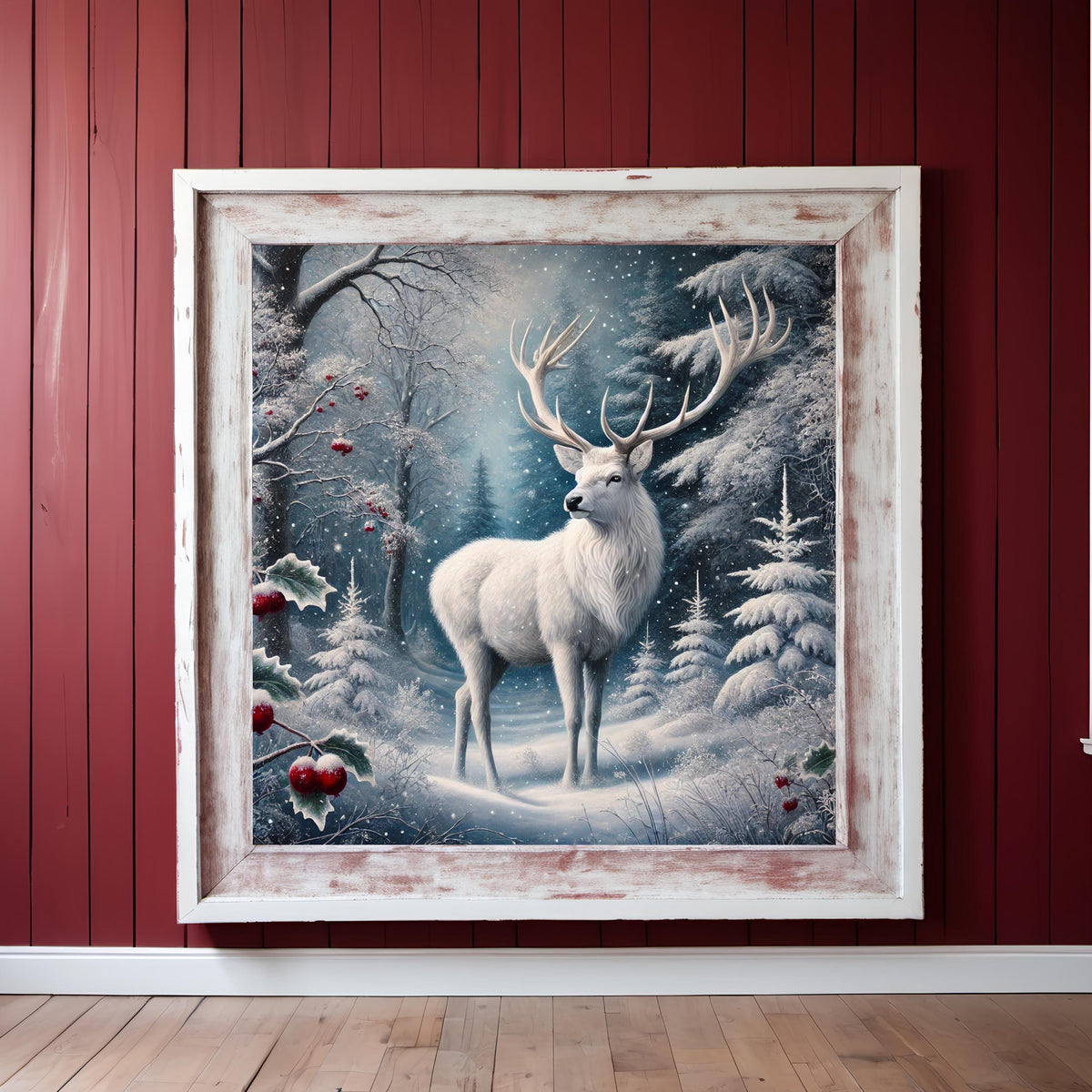 Majestic White Stag Print: Winter Forest Wildlife Art (Digital Download)