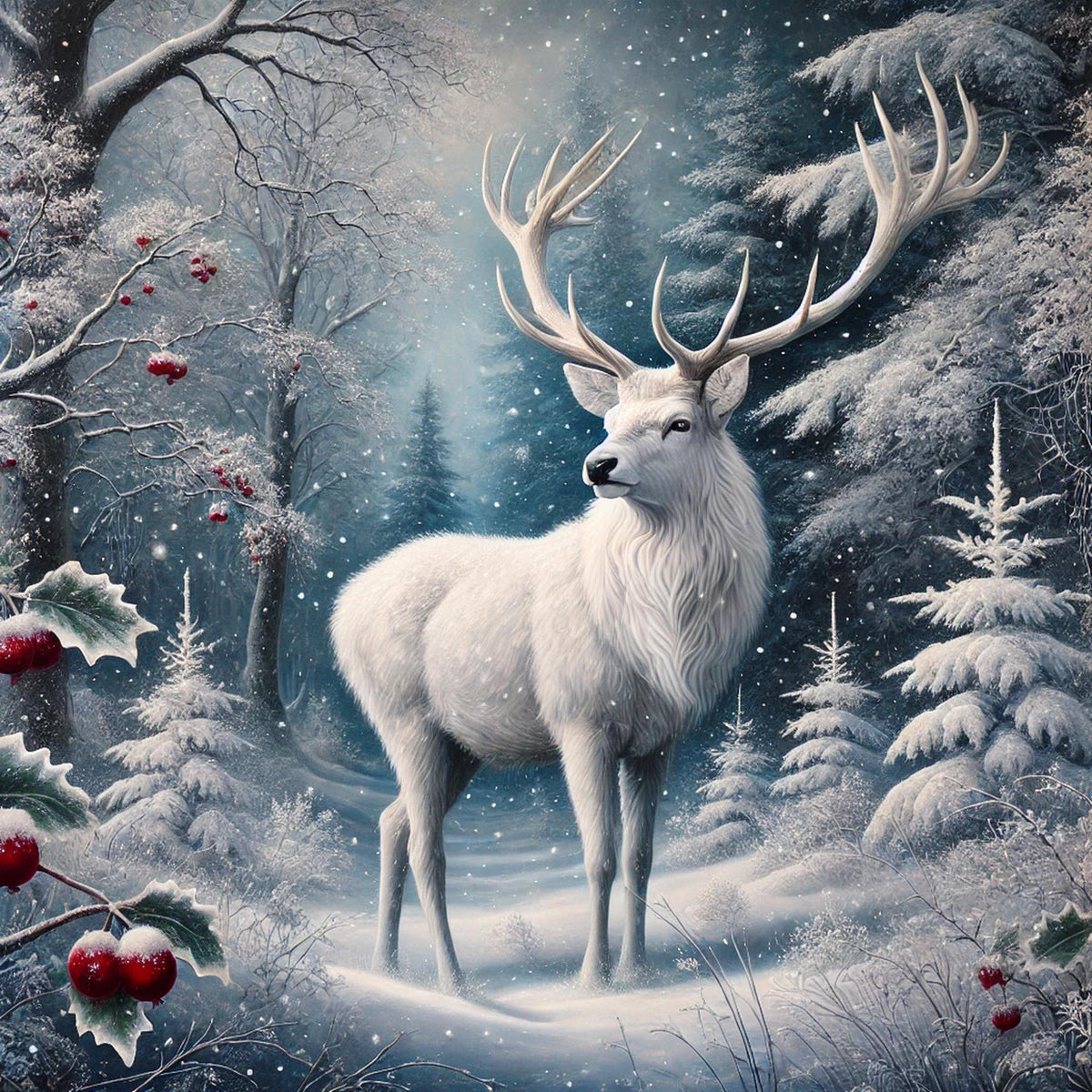 Majestic White Stag Print: Winter Forest Wildlife Art (Digital Download)