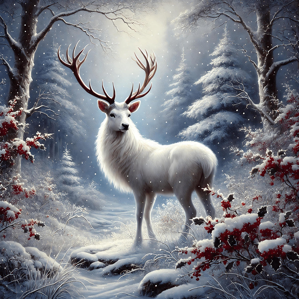 White Stag Winter Forest Print: Christmas Wildlife Art (Digital Download)