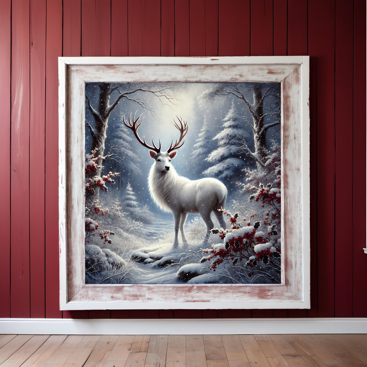 White Stag Winter Forest Print: Christmas Wildlife Art (Digital Download)