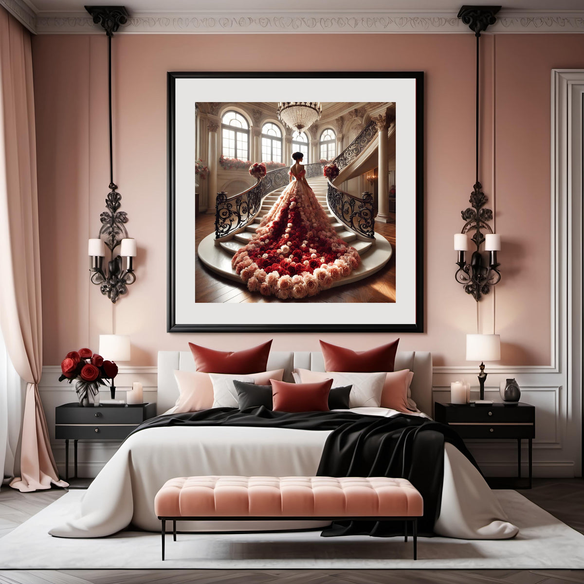 Rose Gown on Grand Staircase: Romantic Couture Art Print (Digital Download)