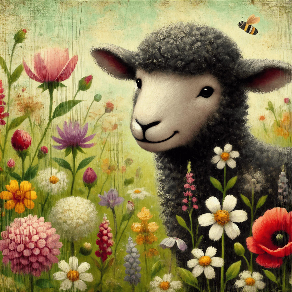 Whimsical Sheep Nursery Print: Vintage Floral Wall Art (Digital Download 4096x4096px)