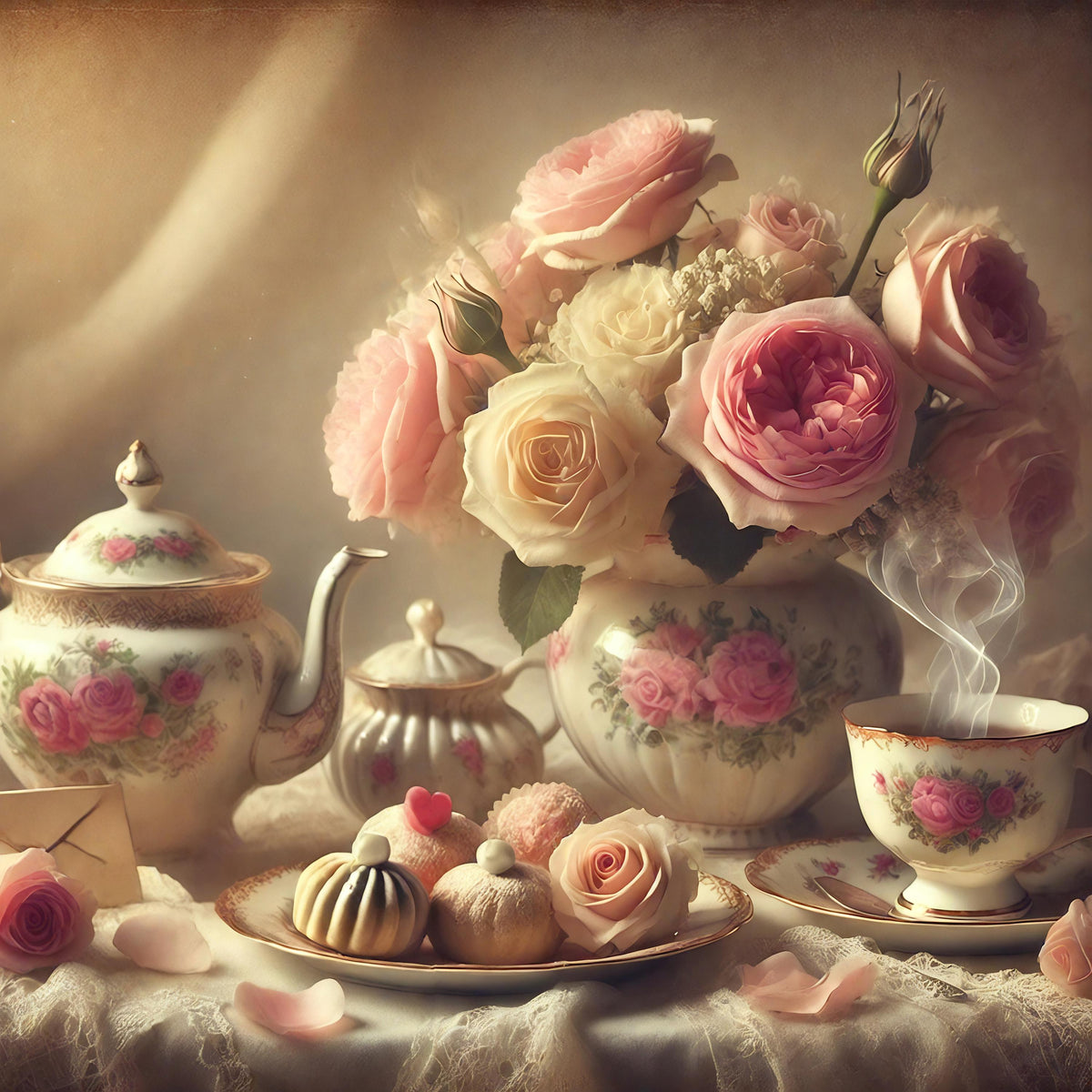 Vintage Valentine Tea and Roses Print: Romantic Floral Still Life (Digital Download)