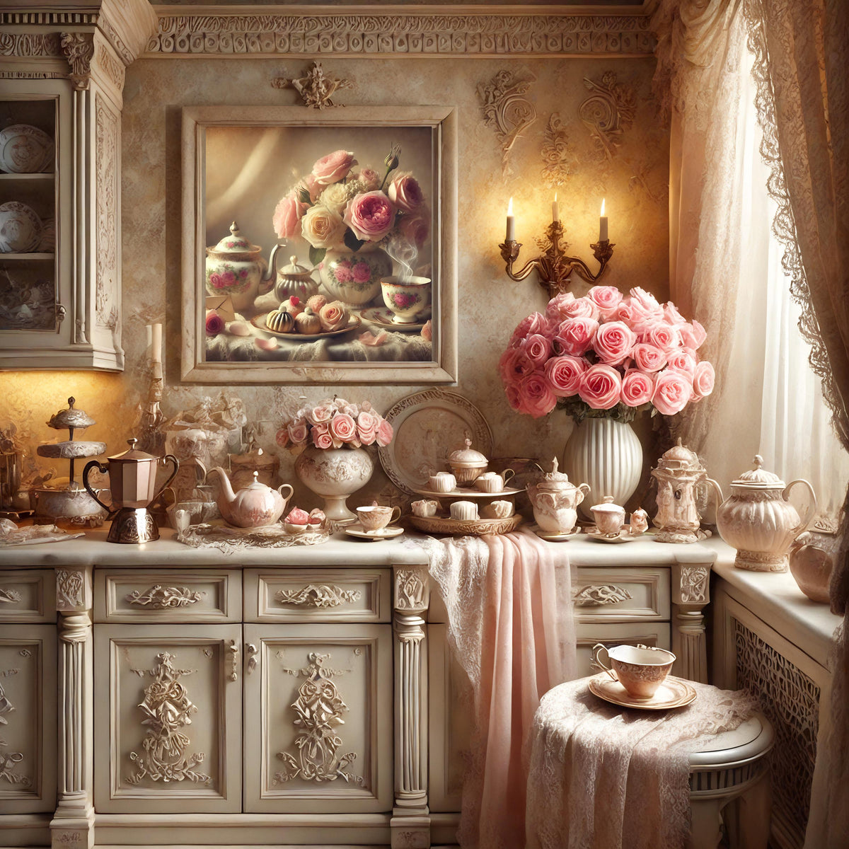 Vintage Valentine Tea and Roses Print: Romantic Floral Still Life (Digital Download)