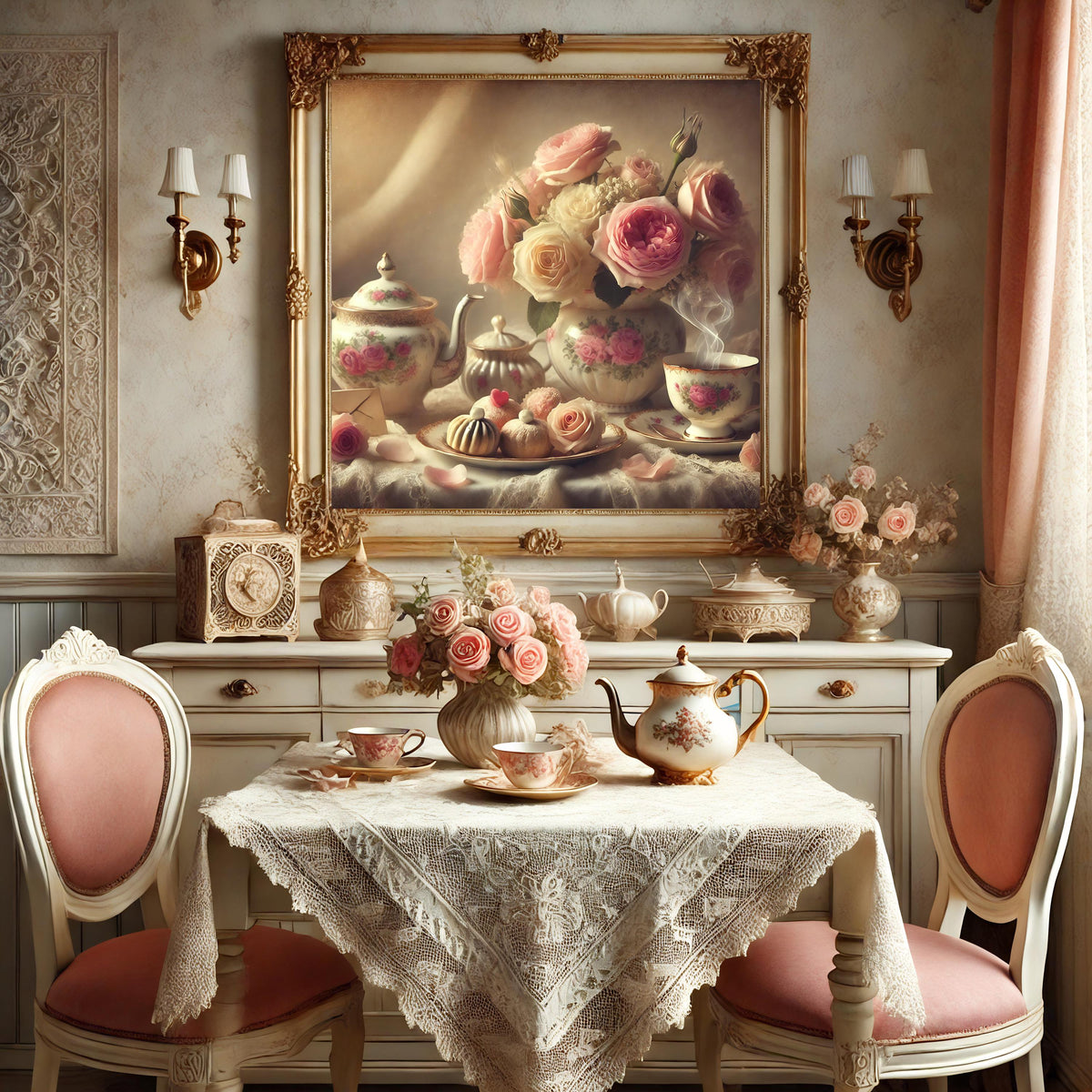 Vintage Valentine Tea and Roses Print: Romantic Floral Still Life (Digital Download)