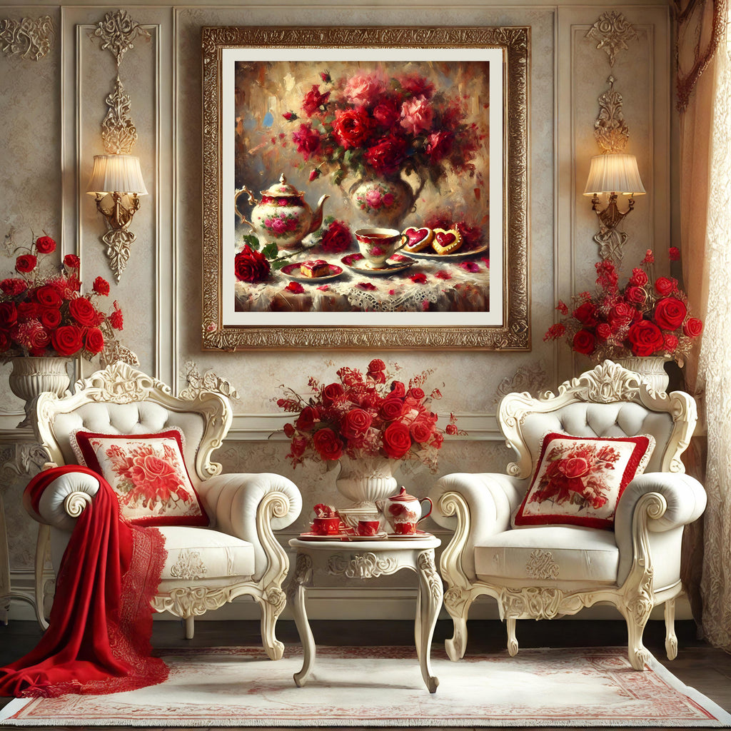 Vintage Tea and Roses Art Print: Romantic Valentine Still Life (Digital Download)