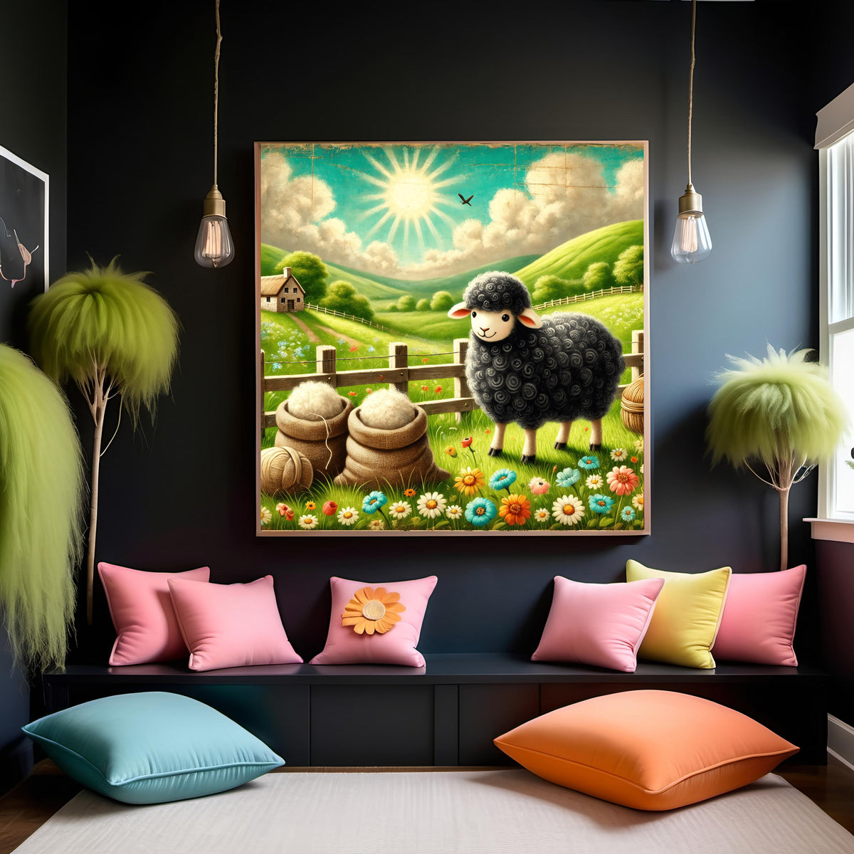 Vintage Sheep Nursery Print: Whimsical Floral Meadow Artwork (Digital Download