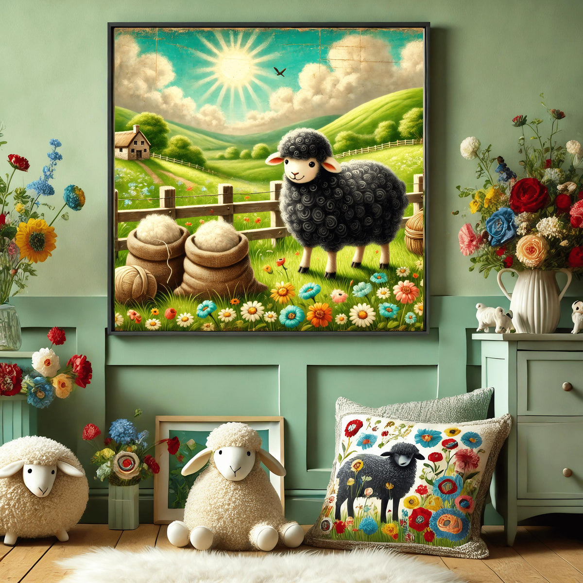 Vintage Sheep Nursery Print: Whimsical Floral Meadow Artwork (Digital Download