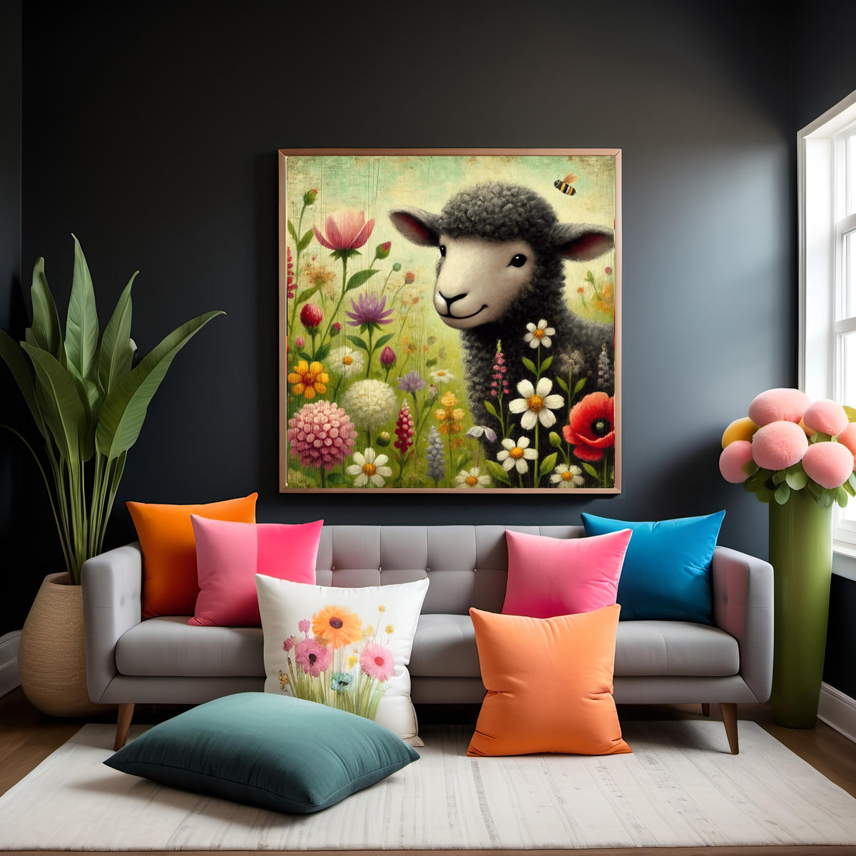 Whimsical Sheep Nursery Print: Vintage Floral Wall Art (Digital Download 4096x4096px)