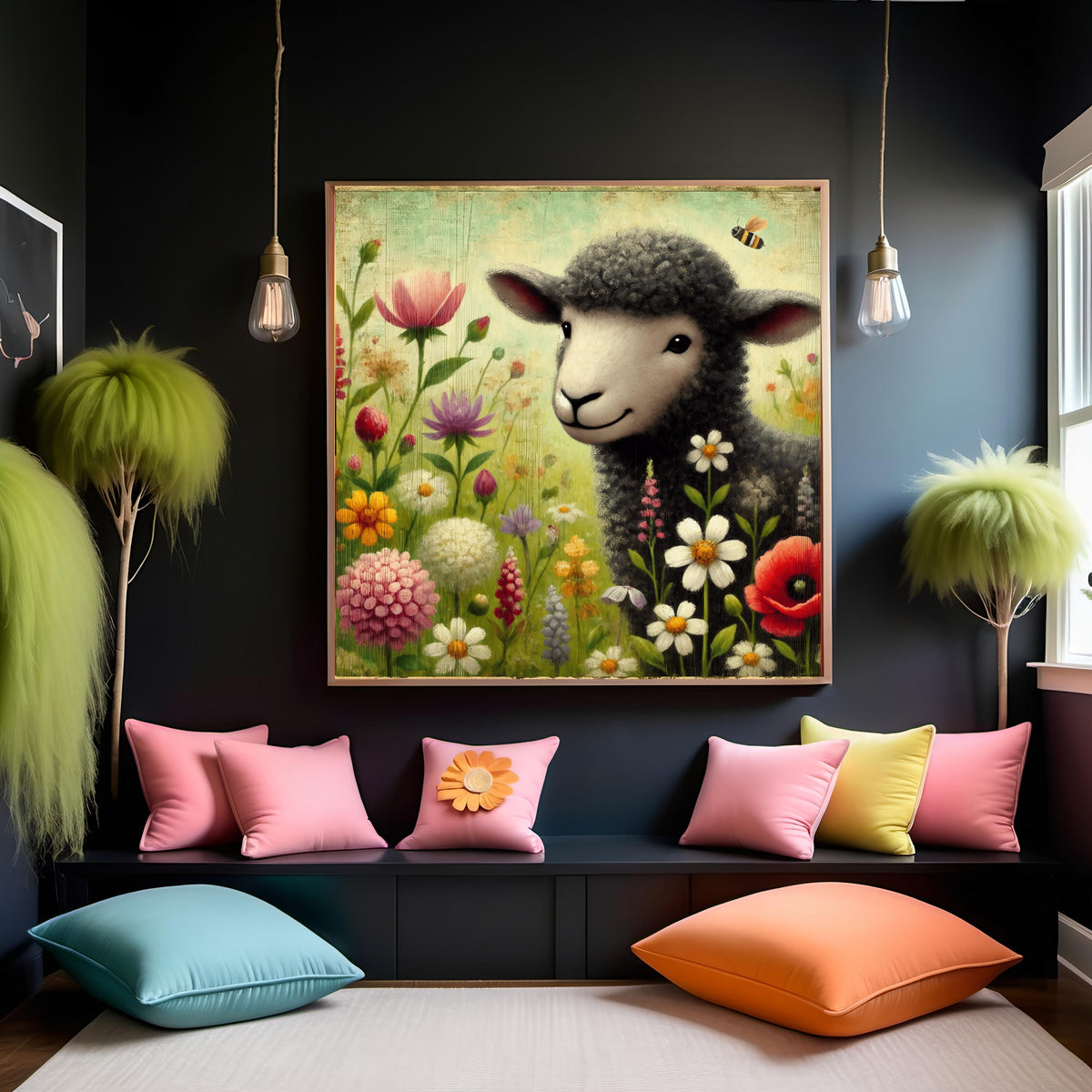 Whimsical Sheep Nursery Print: Vintage Floral Wall Art (Digital Download 4096x4096px)
