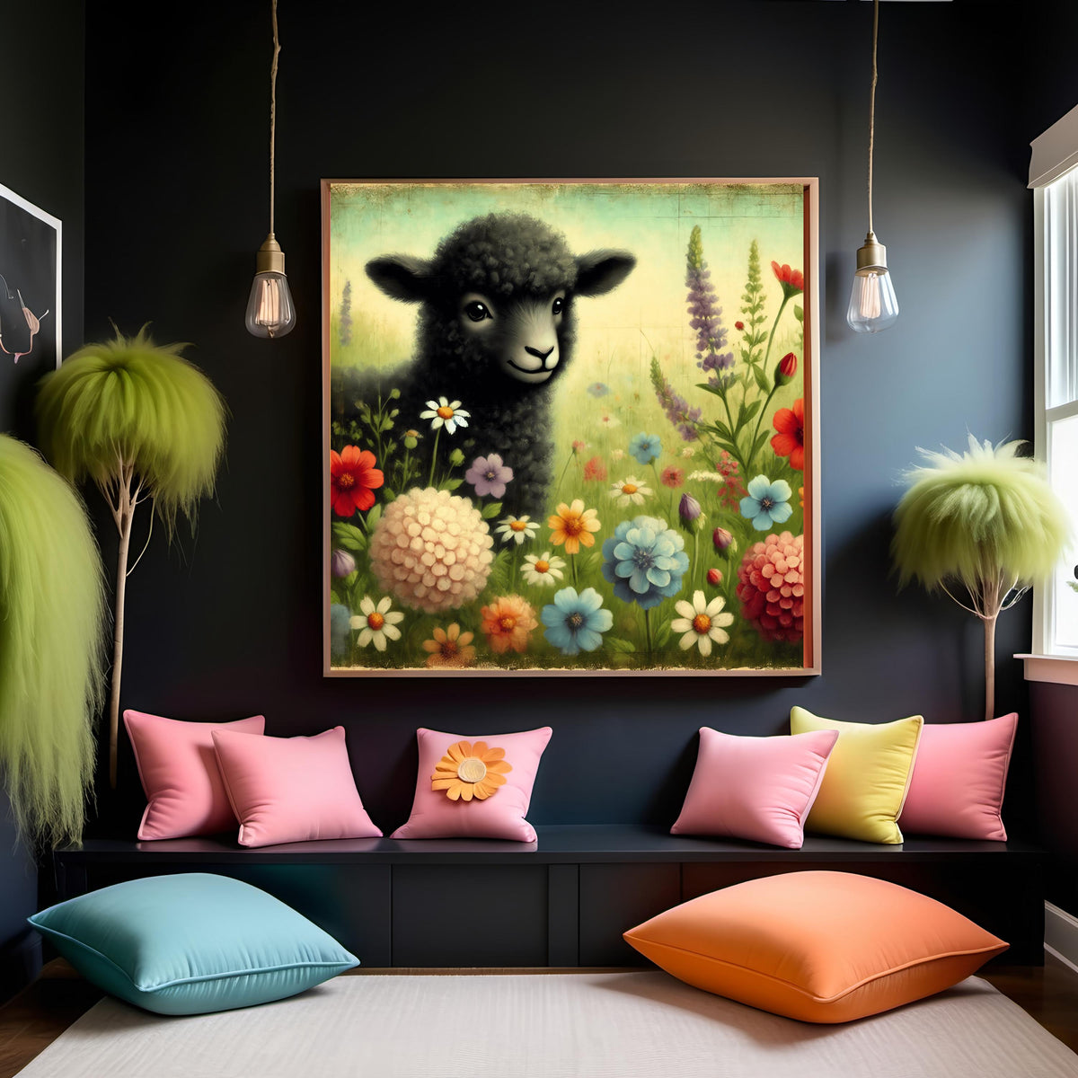 Whimsical Rainbow Sheep Nursery Print: Vintage Floral Wall Art (Digital Download