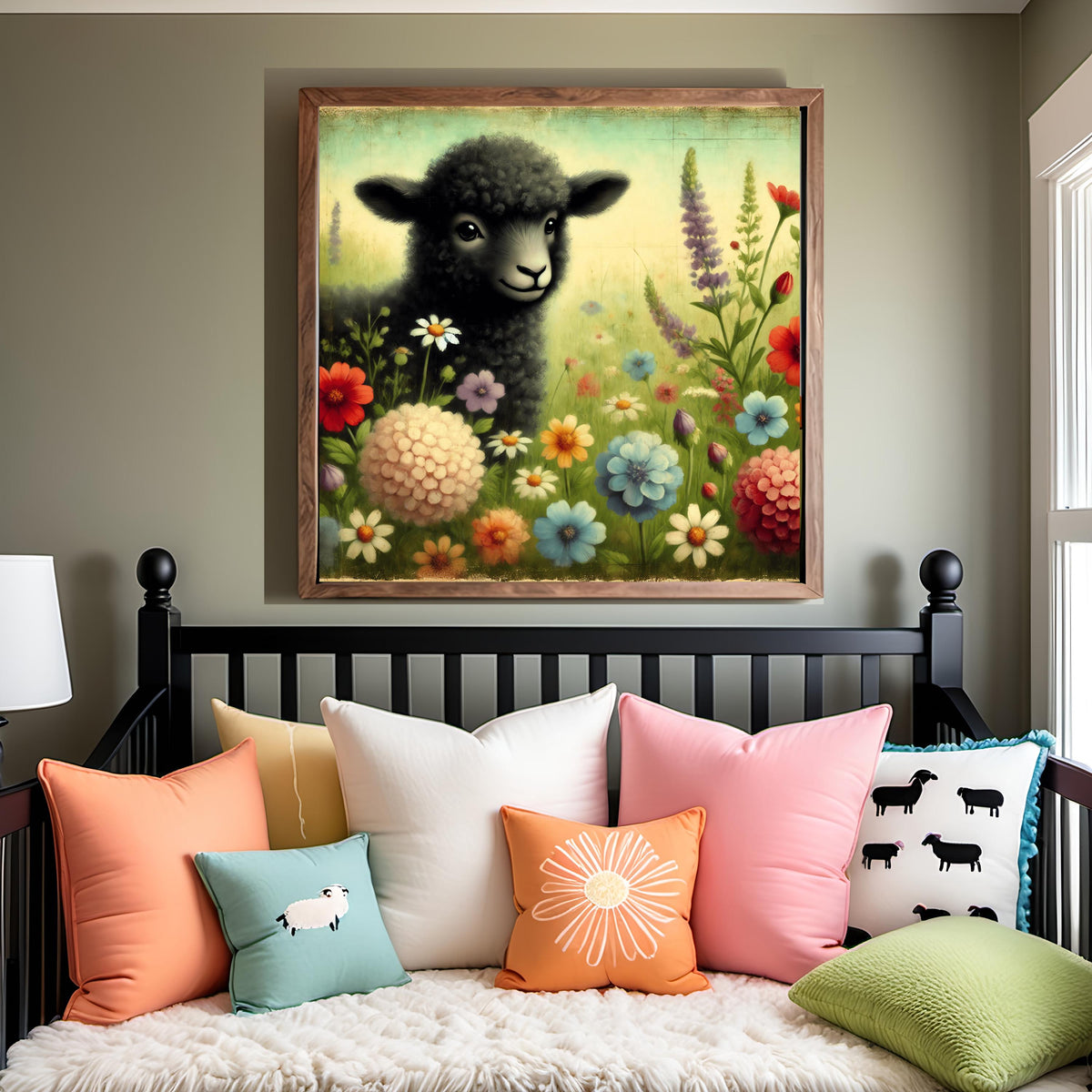 Whimsical Rainbow Sheep Nursery Print: Vintage Floral Wall Art (Digital Download