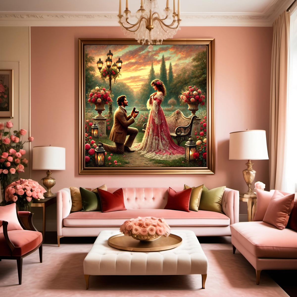 Vintage Proposal Scene Art Print: Romantic Roses, Lanterns (Digital Download)