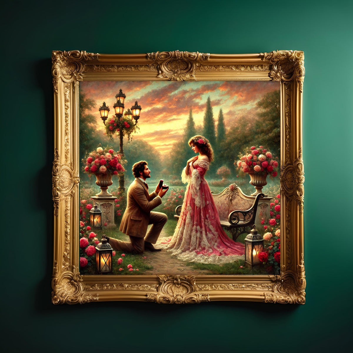 Vintage Proposal Scene Art Print: Romantic Roses, Lanterns (Digital Download)