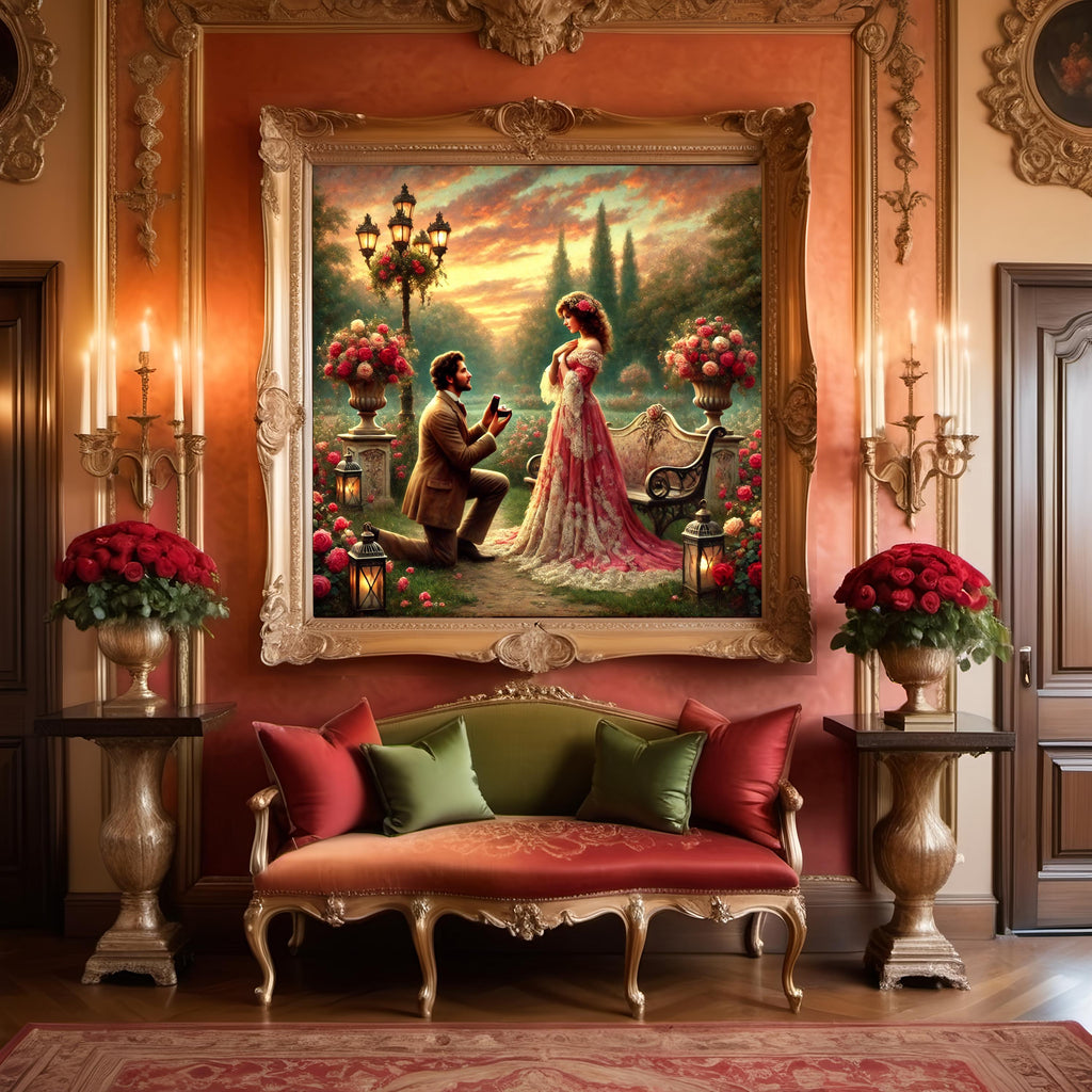 Vintage Proposal Scene Art Print: Romantic Roses, Lanterns (Digital Download)