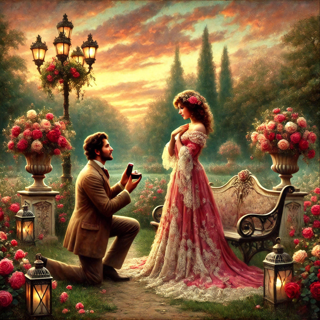 Vintage Proposal Scene Art Print: Romantic Roses, Lanterns (Digital Download)