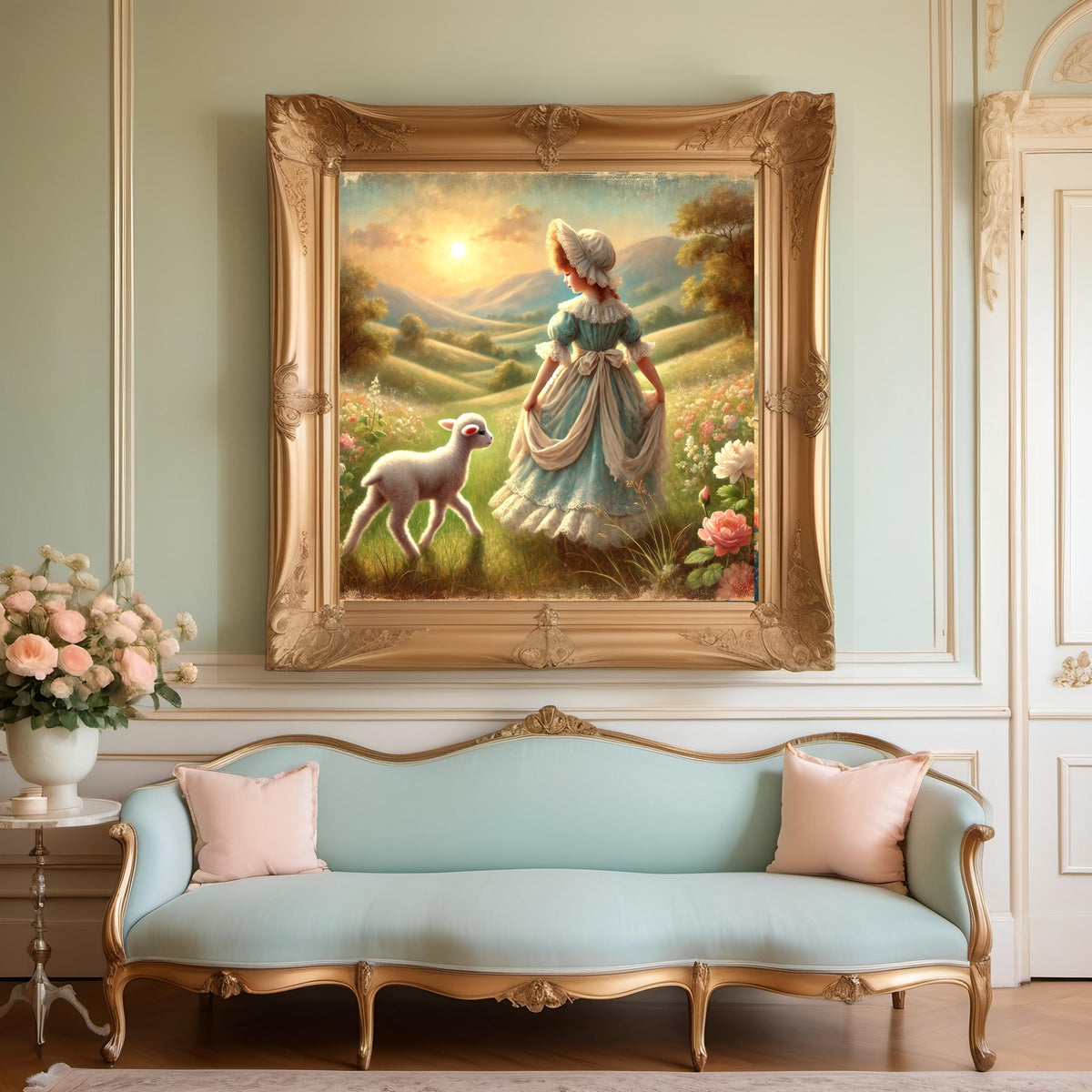 Vintage Girl and Lamb Art Print: Pastoral Nursery Decor (Digital Download)