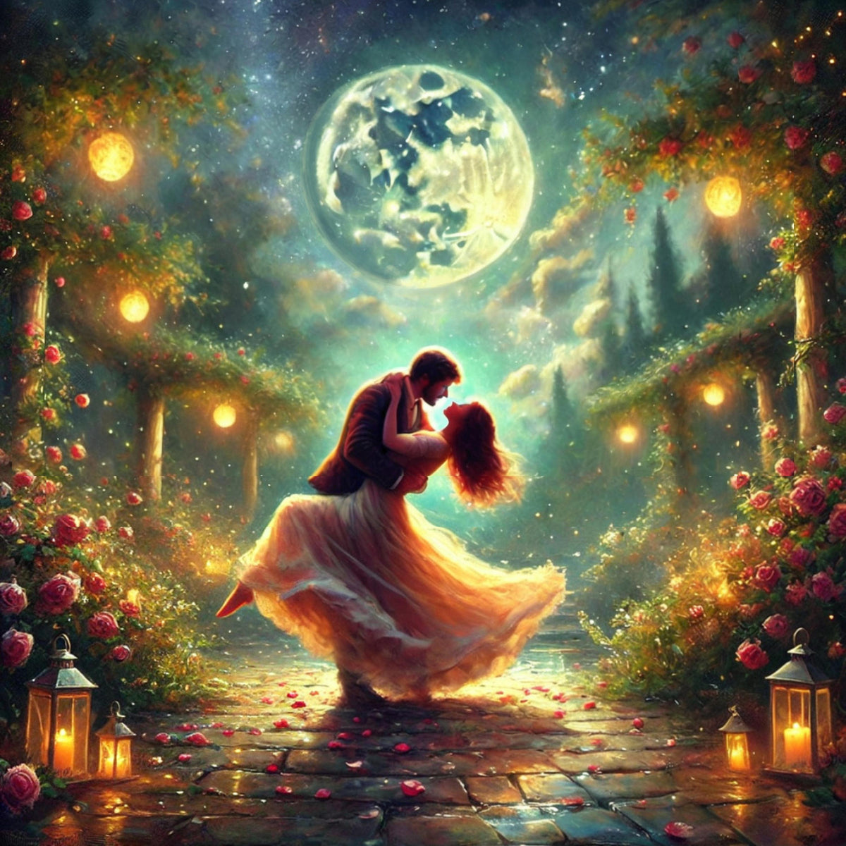 Moonlit Dance Art: Romantic Couple, Roses, Lanterns (Digital Download)
