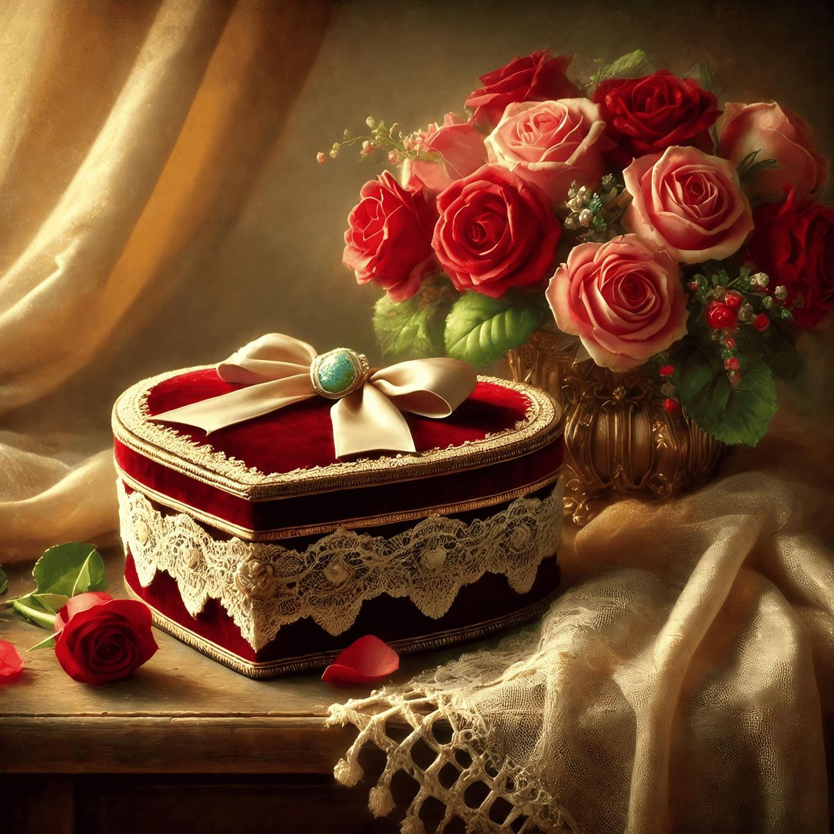 Vintage Roses Still Life Art: Heart-Shaped Box (Digital Download)
