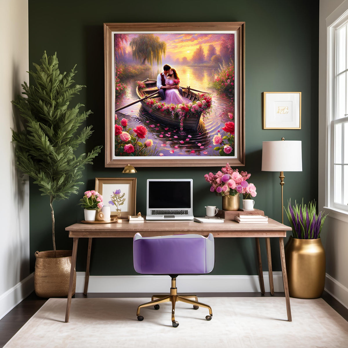Romantic Couple in Floral Rowboat: Sunset Lake Art Print (Digital Download)