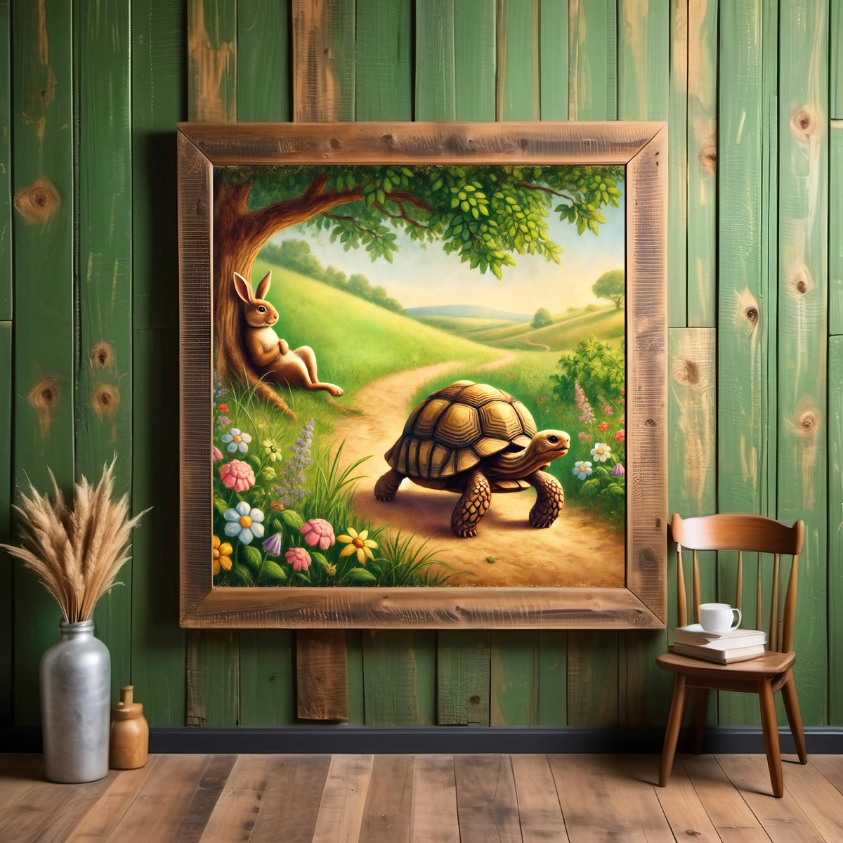 Tortoise and Hare Storybook Art: Whimsical Nursery Print (Digital Download)