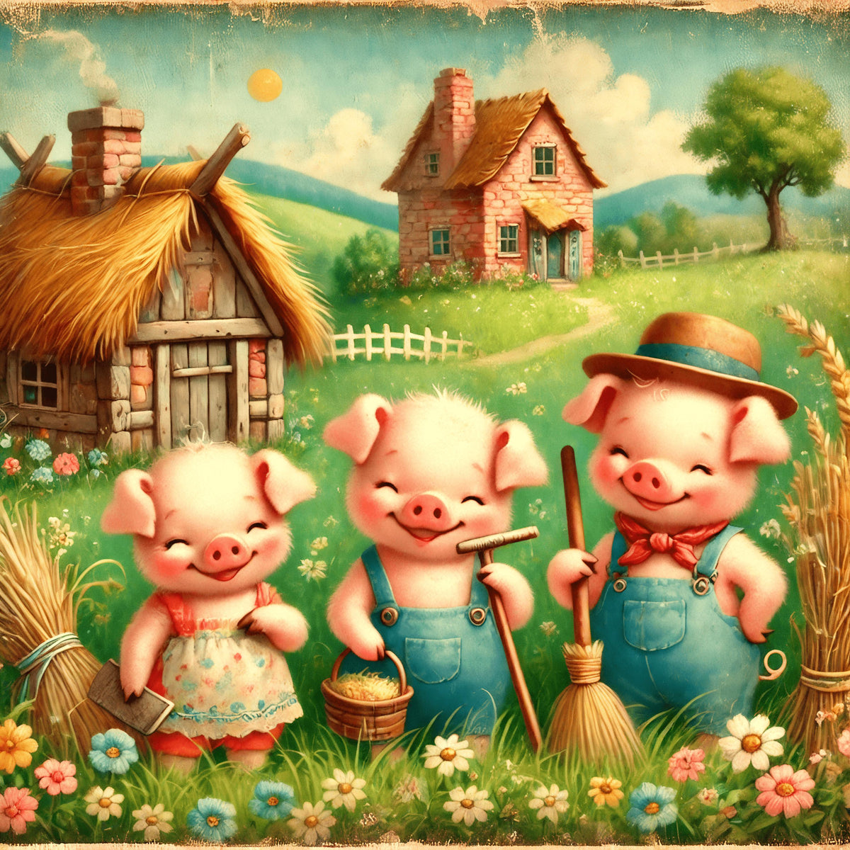 Three Little Pigs Vintage Nursery Print: Storybook Wall Art (Digital Download)