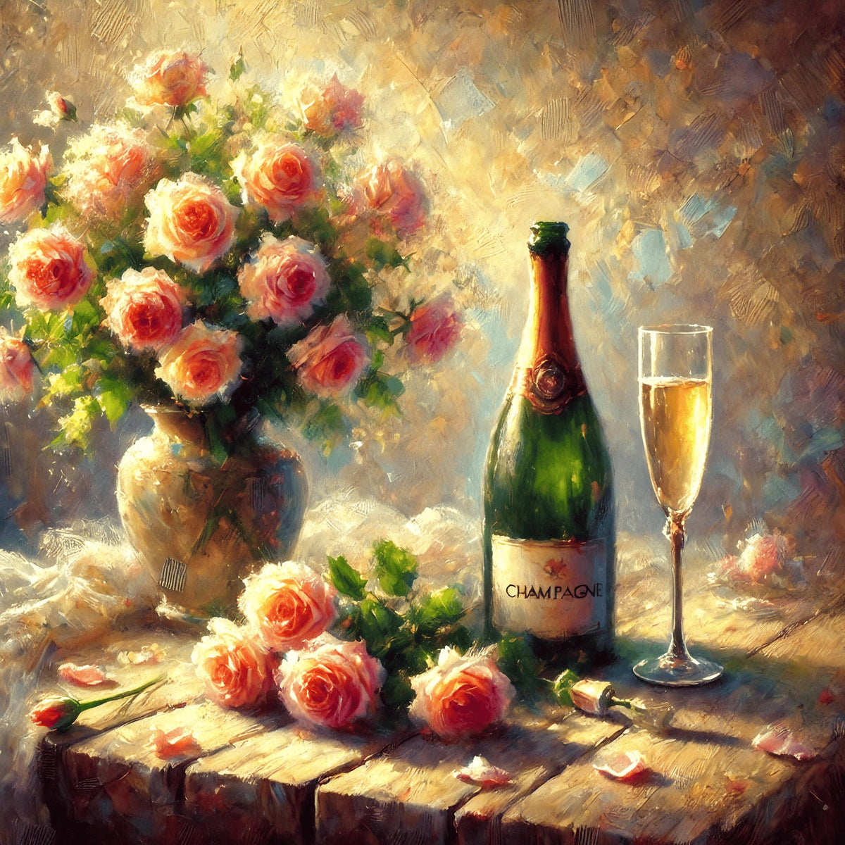 Champagne and Roses Impressionist Painting: Romantic Still Life (Digital Download)