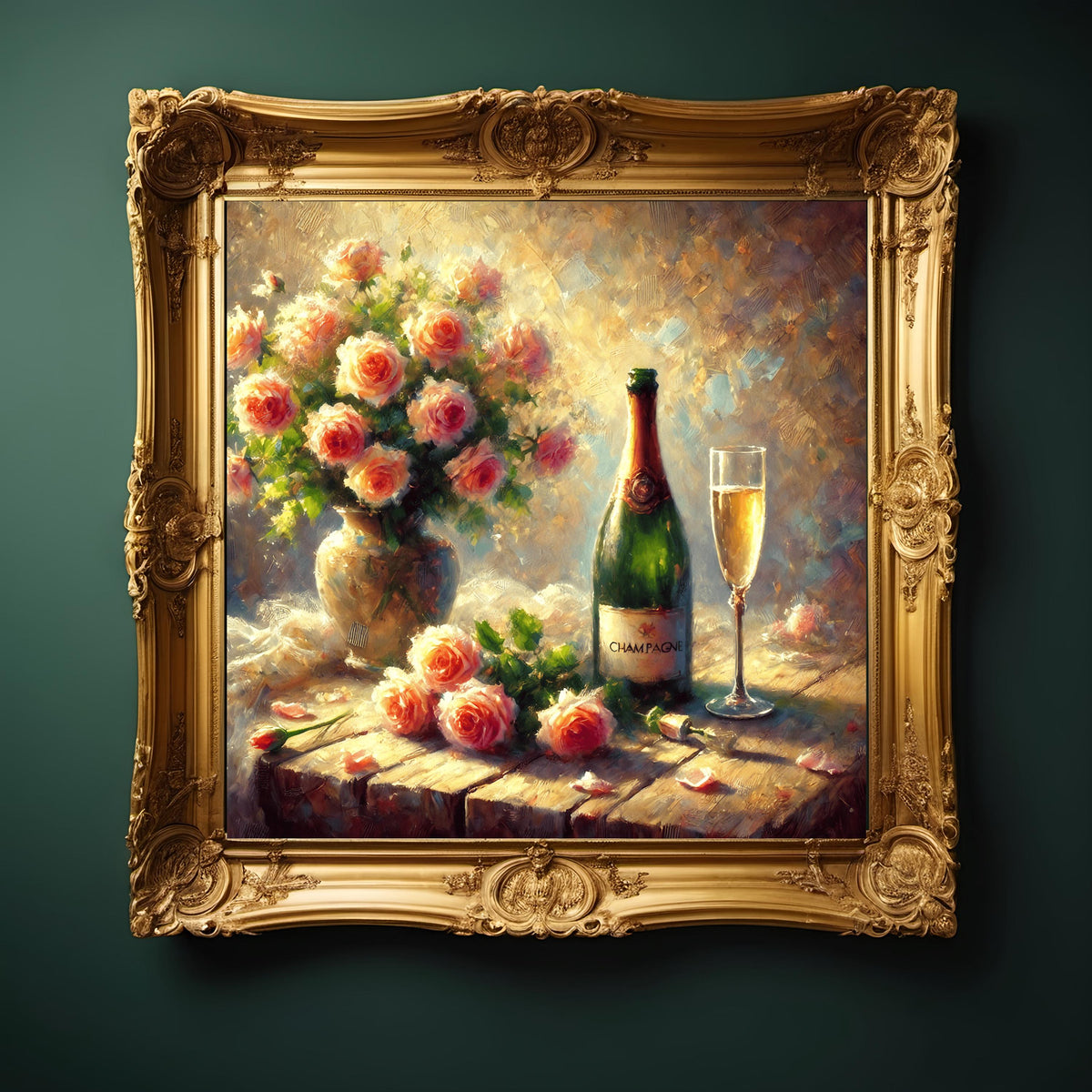 Champagne and Roses Impressionist Painting: Romantic Still Life (Digital Download)
