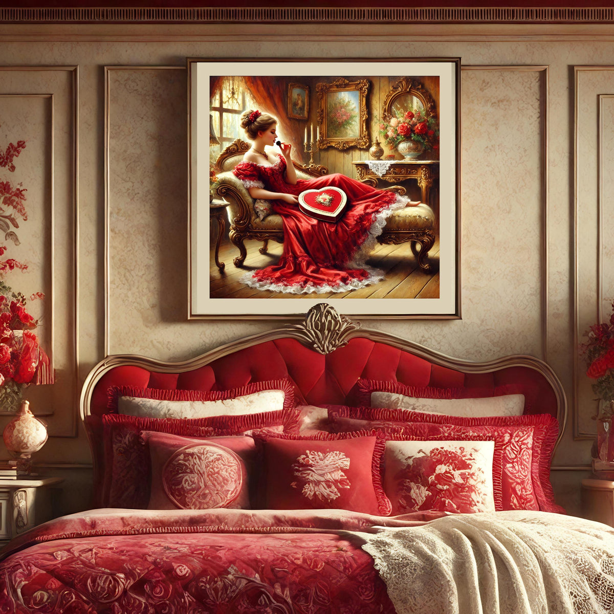 Victorian Woman in Red Gown Art Print: Elegant Valentine's Day Decor (Digital Download)