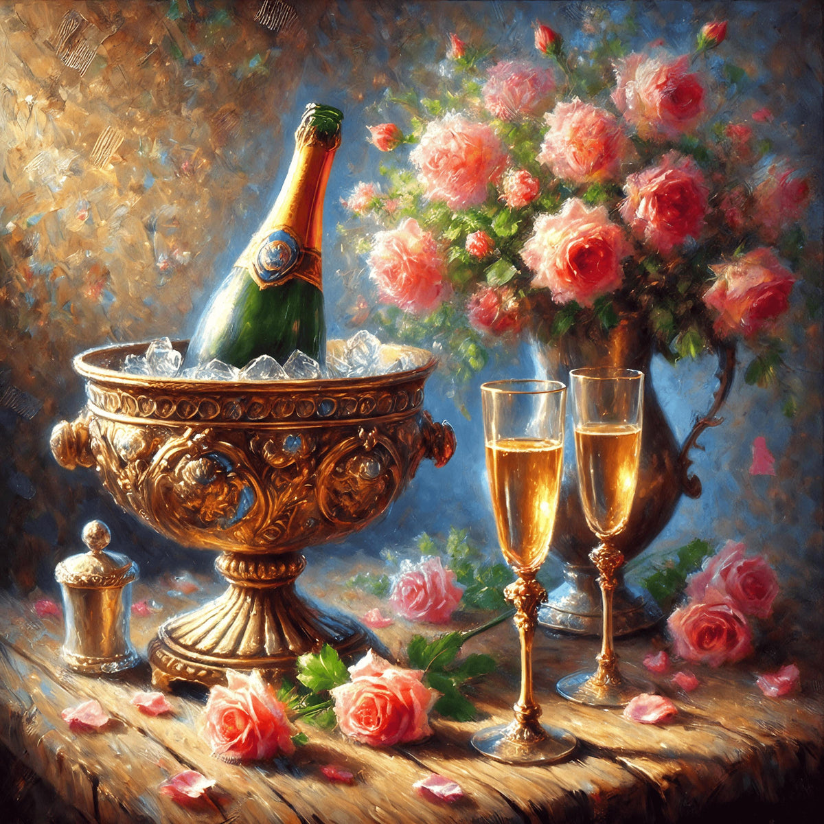 Champagne and Roses Still Life Art Print: Romantic Valentines Decor (Digital Download)