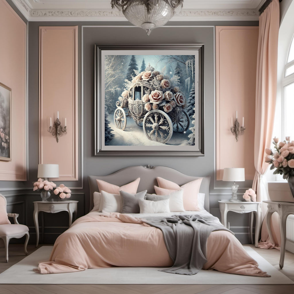 Winter Carriage with Roses Art Print: Romantic Fairytale Decor (Digital Download)