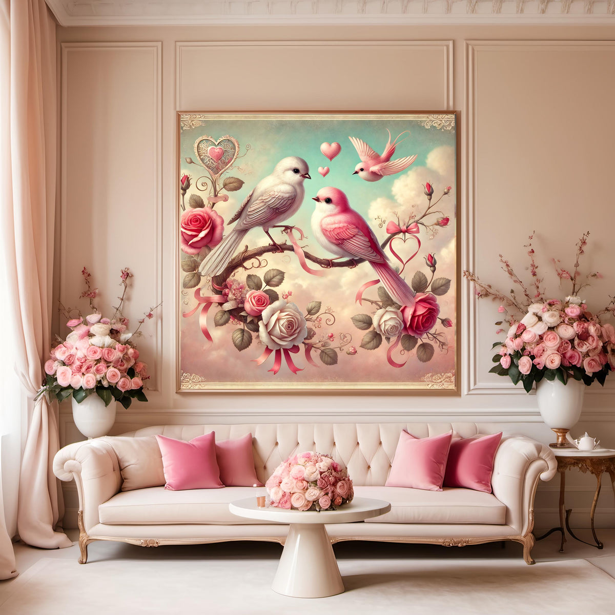 Vintage Lovebirds Valentine's Day Print: Whimsical Rose Decor (Digital Download)