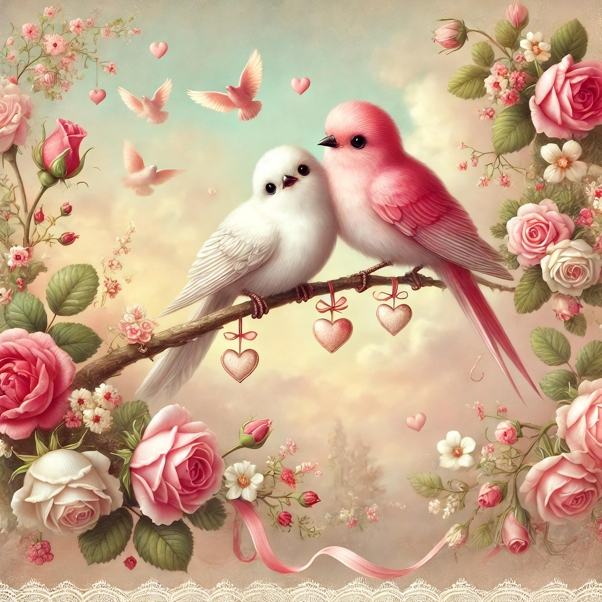 Lovebirds Valentine's Day Print: Vintage Rose Decor (Digital Download)