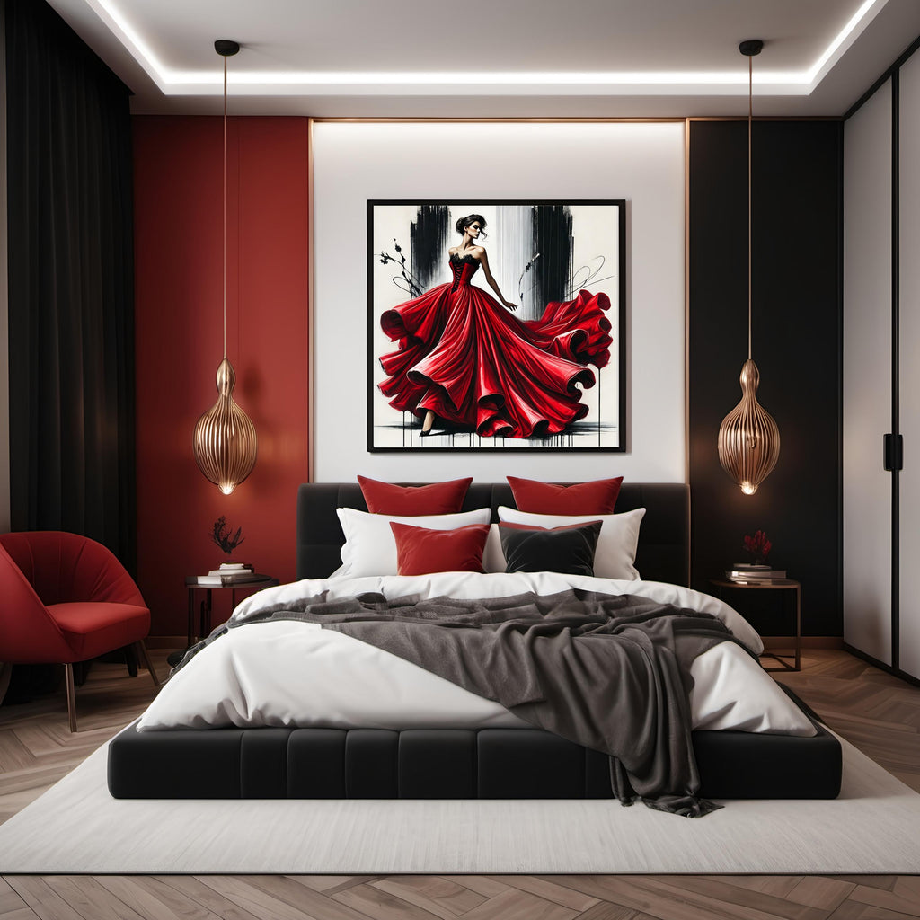 Red Satin Gown Fashion Illustration: Elegant Haute Couture Art (Digital Print)