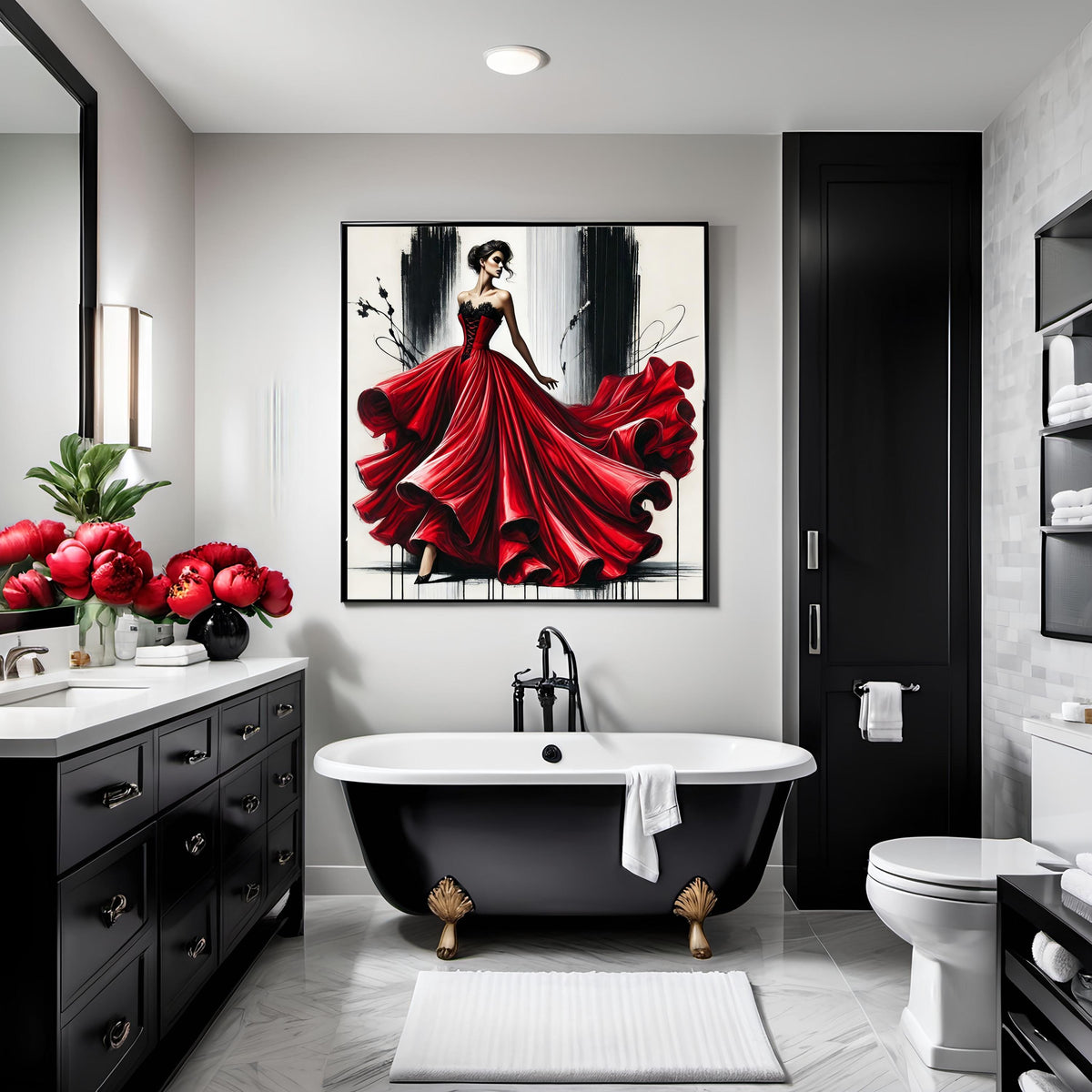 Red Satin Gown Fashion Illustration: Elegant Haute Couture Art (Digital Print)